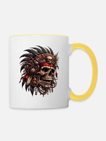 Mystischer Skull Krieger Tribal Design - Tasse zweifarbig - Weiß/Gelb