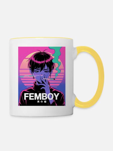 Vaporwave Femboy mit Glitch-Style - Tasse zweifarbig - Weiß/Gelb