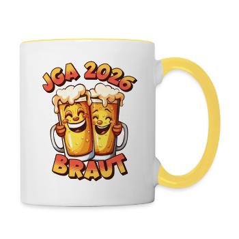 JGA 2026 Braut Bier Alkohol Saufen Party Lustig - Tasse zweifarbig - Weiß/Gelb - Rechts
