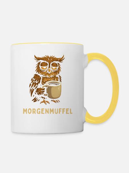 Morgenmuffel-Eule mit Kaffee - Tasse zweifarbig - Weiß/Gelb