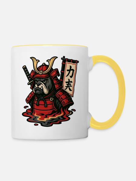 Samurai-Bulldogge in feuriger Rüstung - Tasse zweifarbig - Weiß/Gelb