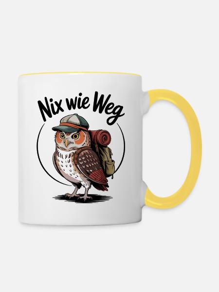 Waldabenteuer Eule mit Rucksack - Tasse zweifarbig - Weiß/Gelb