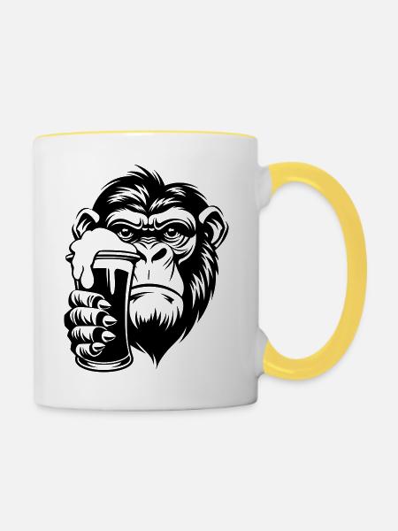 Affe hält ein Getränk mit Schaum - Tasse zweifarbig - Weiß/Gelb