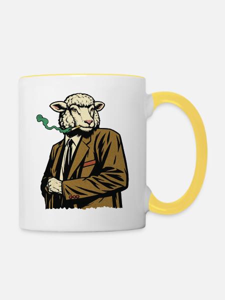 Schaf im Anzug mit Zigarette - Tasse zweifarbig - Weiß/Gelb