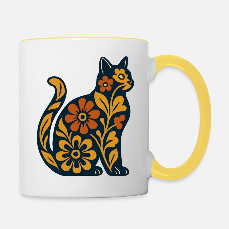 Silhouette de chat fleur dans des tons chauds - Mug contrasté - blanc/jaune