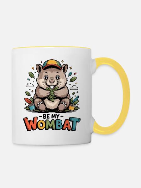 Buntes Wombat Cartoon mit Blättern - Tasse zweifarbig - Weiß/Gelb