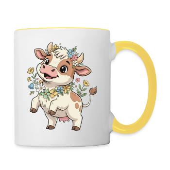Kuh mit Blumenkranz - Tasse zweifarbig - Weiß/Gelb - Rechts