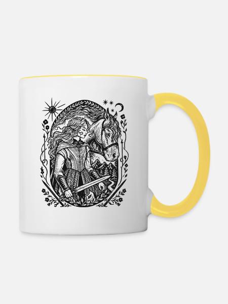 Nachtwald Silhouette: Fantasy-Wächter - Tasse zweifarbig - Weiß/Gelb