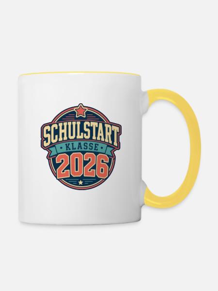 Schulstart 2026 Retro Abzeichen - Tasse zweifarbig - Weiß/Gelb