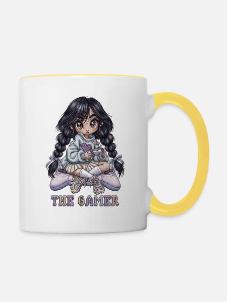 Süße Chibi Gamerin mit Controller - Tasse zweifarbig - Weiß/Gelb