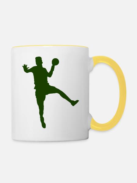 Handball Sprung mit Ball - Tasse zweifarbig - Weiß/Gelb