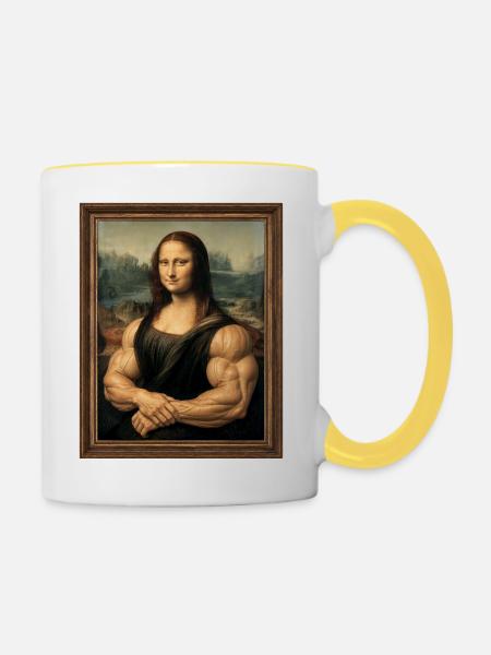 Die muskulöse Mona Lisa - Tasse zweifarbig - Weiß/Gelb