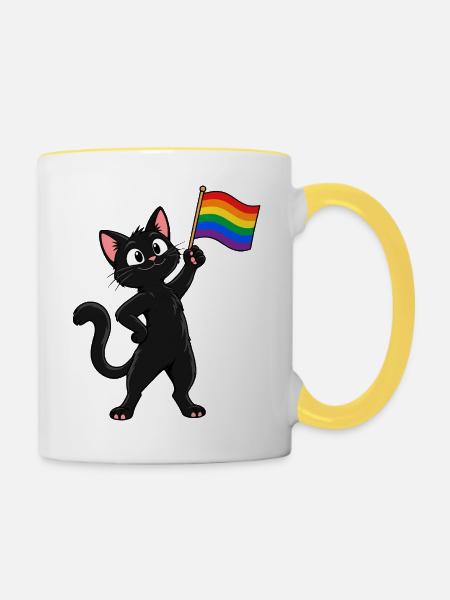 Pride-Katze mit Regenbogenflagge – Vielfalt - Tasse zweifarbig - Weiß/Gelb