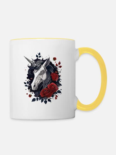 Dark Gothic Einhorn mit Rosen - Tasse zweifarbig - Weiß/Gelb