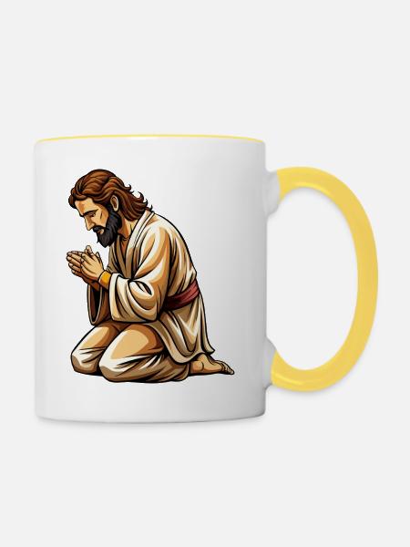 Jesus kniend und betend - Tasse zweifarbig - Weiß/Gelb