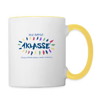 Neue Adresse: Erste Klasse - Tasse zweifarbig - Weiß/Gelb - Rechts