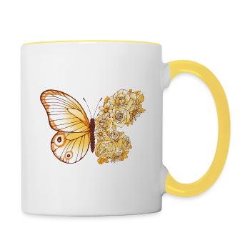 Schmetterling in gelb mit Rosen - Tasse zweifarbig - Weiß/Gelb - Rechts