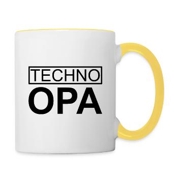 >>Techno Opa<< is never too old for techno! - Tasse zweifarbig - Weiß/Gelb - Rechts