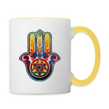 Hamsa Hand, Schutz, Glück, Symbol, Glücksbringer - Tasse zweifarbig - Weiß/Gelb - Rechts