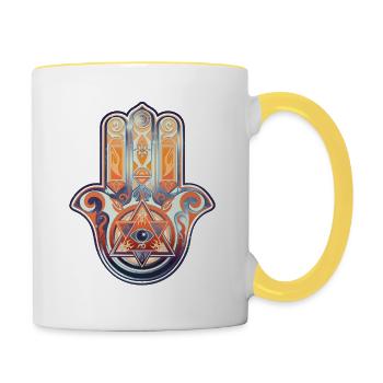 Hamsa Hand, Alles sehendes Auge, Glücksbringer - Tasse zweifarbig - Weiß/Gelb - Rechts