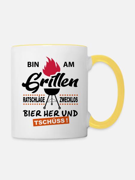 Bin am Grillen Tschuess - Tasse zweifarbig - Weiß/Gelb