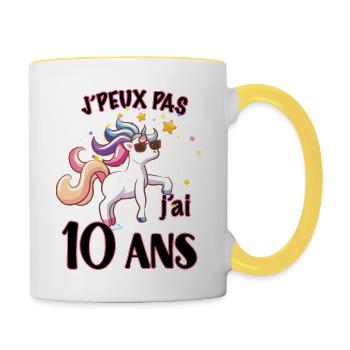 Licorne J'ai 10 Ans Idée Cadeau Anniversaire - Mug contrasté - blanc/jaune - Droite