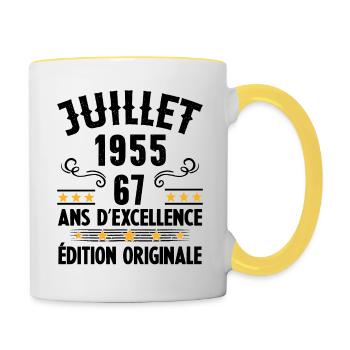 67 Ans Anniversaire Vintage Né(e) en Juillet 1955 - Mug contrasté - blanc/jaune - Droite
