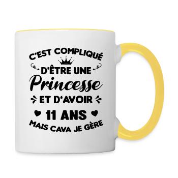 Princesse 11 Ans Anniversaire Idée Cadeau Licorne - Mug contrasté - blanc/jaune - Droite