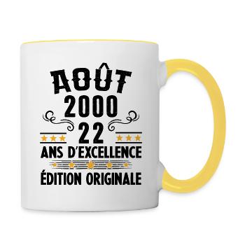 22 Ans Anniversaire Vintage Né(e) en Août 2000 - Mug contrasté - blanc/jaune - Droite