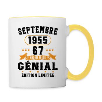 67 Ans Anniversaire Vintage Né(e) Septembre 1955 - Mug contrasté - blanc/jaune - Droite