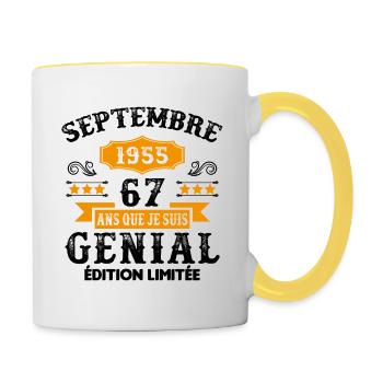 67 Ans Anniversaire Vintage Né(e) Septembre 1955 - Mug contrasté - blanc/jaune - Droite