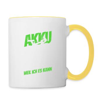 Warum ich ohne Akku fahre - weil ich es kann - Tasse zweifarbig - Weiß/Gelb - Rechts