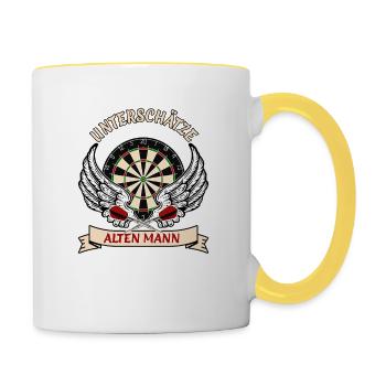 Unterschätze nie einen alten Mann Darts Dartpfeil - Tasse zweifarbig - Weiß/Gelb - Rechts