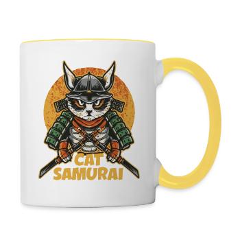 Katze Samurai - Tasse zweifarbig - Weiß/Gelb - Rechts