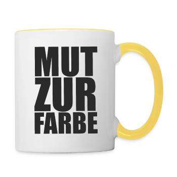 Mut zur Farbe - Schwarz auf Schwarz Spruch - Tasse zweifarbig - Weiß/Gelb - Rechts