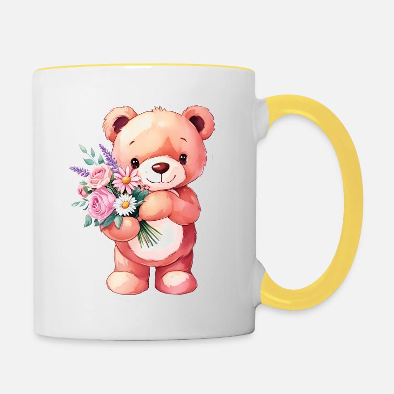 Teddybär mit Blumenstrauß - Tasse zweifarbig - Weiß/Gelb