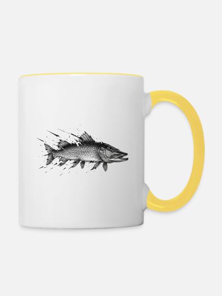 Hecht Raubfisch Angler Ink Vektor - Tasse zweifarbig - Weiß/Gelb