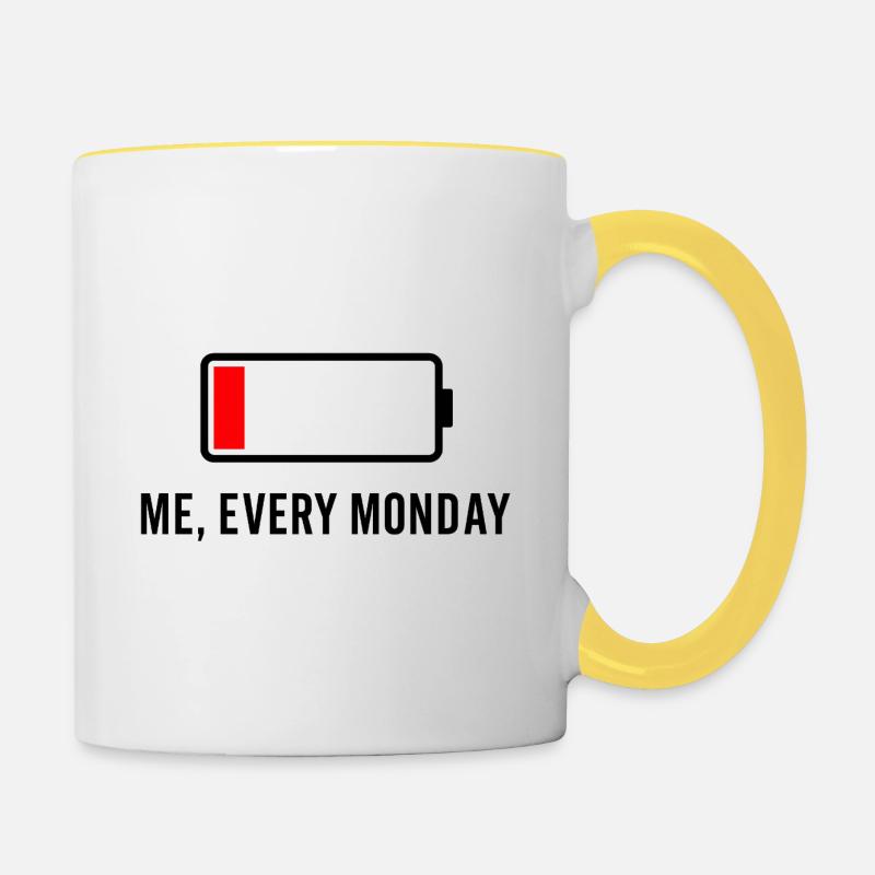 Low Battery – Me, Every Mon - Contrasting Mug - white/yellow