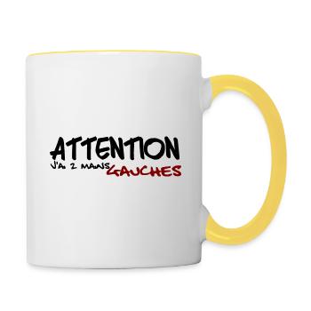 humour - attention j'ai deux mains gauches - - Mug contrasté - blanc/jaune - Droite