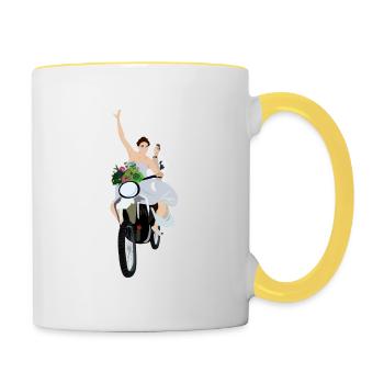 On the bike in a happy life for two - Contrasting Mug - white/yellow - Right