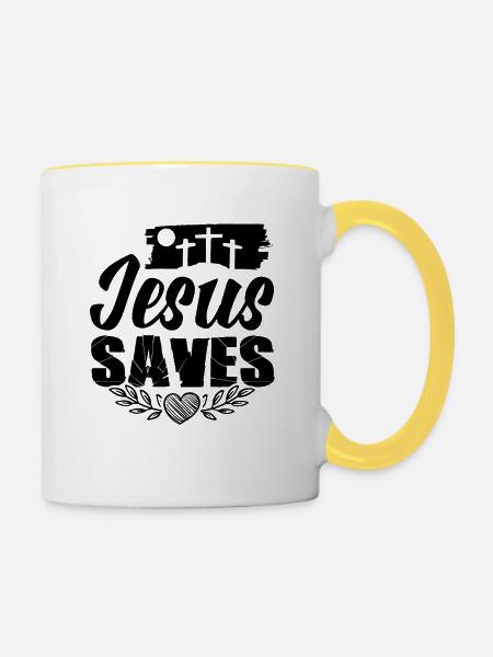 Jesus Saves - Tasse zweifarbig - Weiß/Gelb