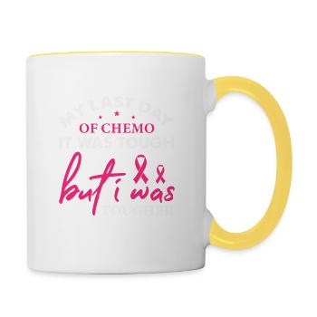Letzter Tag von Chemo Cancer Survivor - Funny Chemo - Tasse zweifarbig - Weiß/Gelb - Rechts