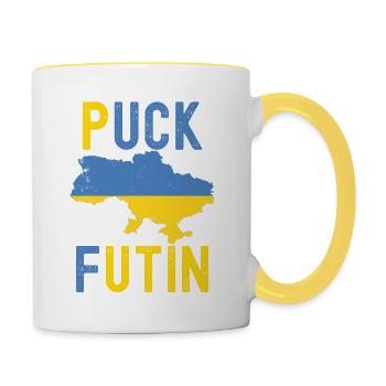 FK Putin, Puck Futin, Stand an der Seite der Ukraine, Antikrieg - Tasse zweifarbig - Weiß/Gelb - Rechts