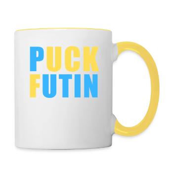 Ukraine Flagge, ich stehe mit der Ukraine, FK Putin, Anti - Tasse zweifarbig - Weiß/Gelb - Rechts