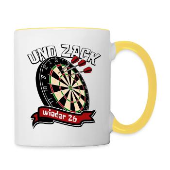 Darts - Und zack - wieder 26 Dart Spieler - Tasse zweifarbig - Weiß/Gelb - Rechts