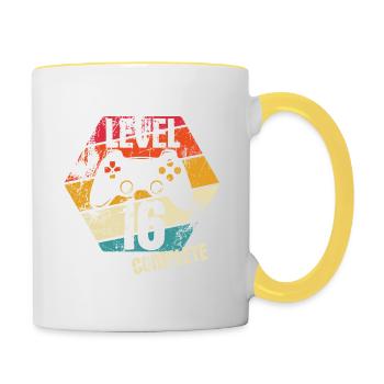Level 16 Complete - Gamer - Geburtstag - Geschenk - Tasse zweifarbig - Weiß/Gelb - Rechts