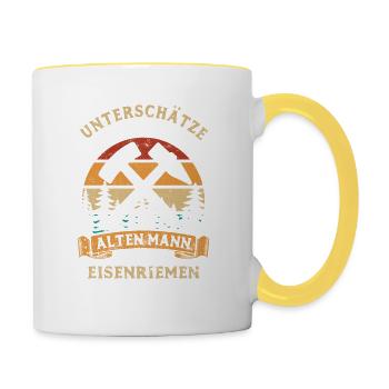 Unterschätze nie einen alten Mann mit Eisenriemen - Tasse zweifarbig - Weiß/Gelb - Rechts