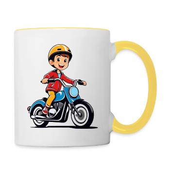 Kleiner Junge fährt Motorrad - Tasse zweifarbig - Weiß/Gelb - Rechts