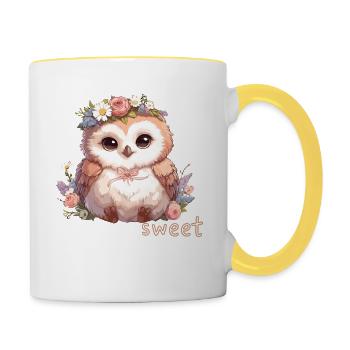 Süße Eule mit Blumen - Tasse zweifarbig - Weiß/Gelb - Rechts
