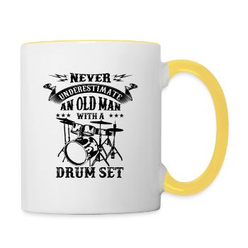 Unterschätzen Sie nie einen alten Mann Schlagzeug - Tasse zweifarbig - Weiß/Gelb - Rechts